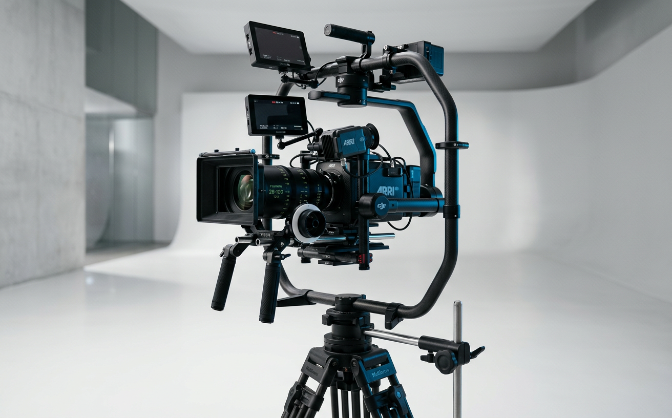 Professional cinema camera rig in a minimalist white production studio
