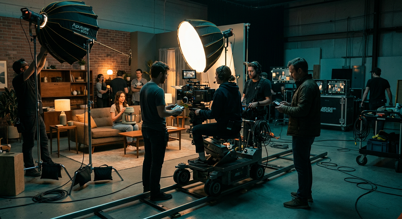 Film crew with cinema camera on a commercial video set