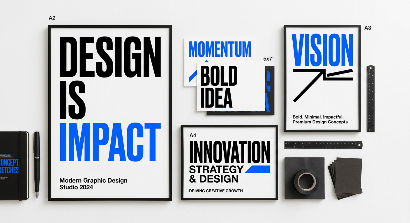 Modern typographic poster designs on a white surface